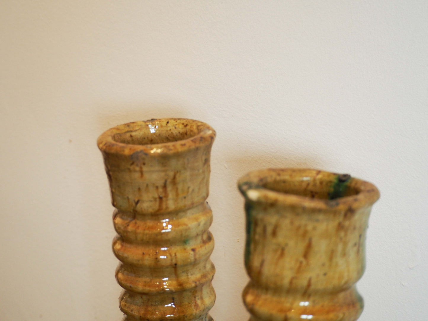 Pair of Antique Authentic Moroccan Tamegroute Yellow Tower Candle Holders