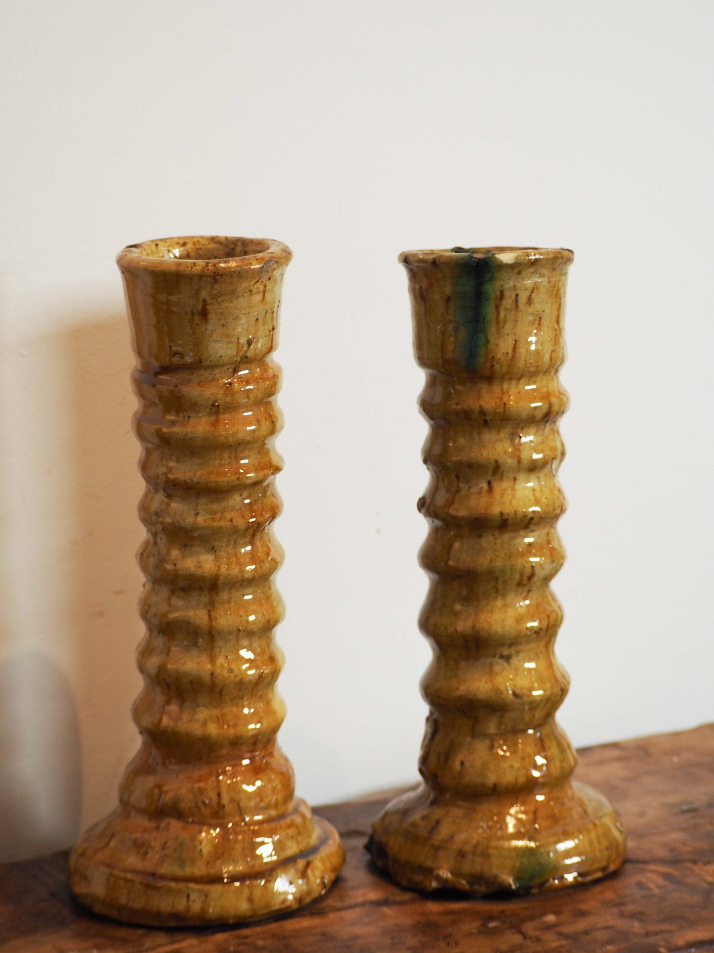 Pair of Antique Authentic Moroccan Tamegroute Yellow Tower Candle Holders