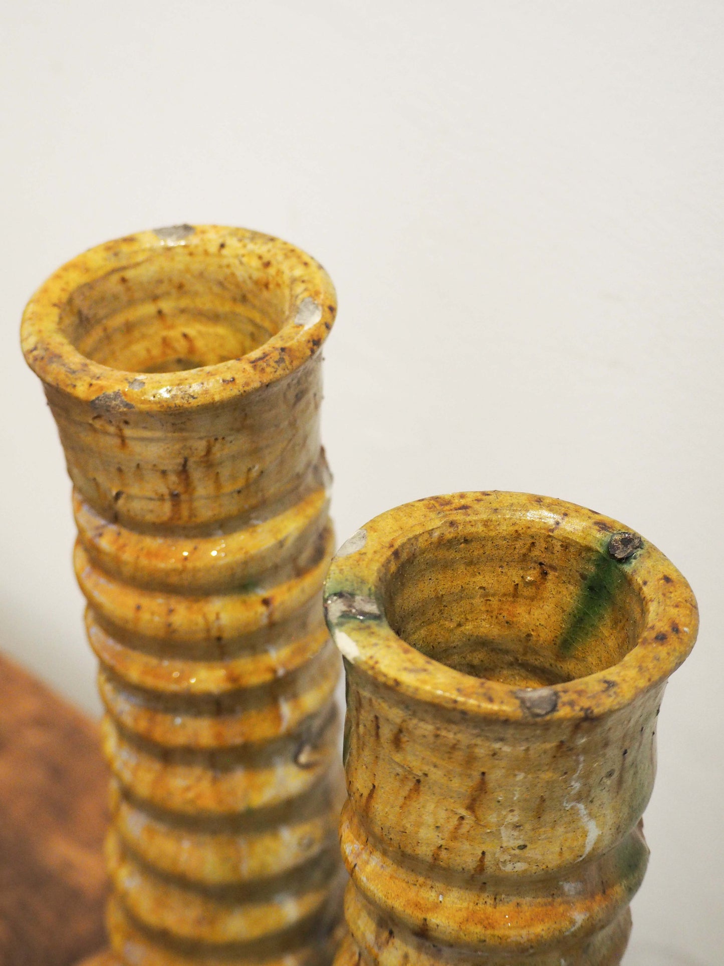 Pair of Antique Authentic Moroccan Tamegroute Yellow Tower Candle Holders