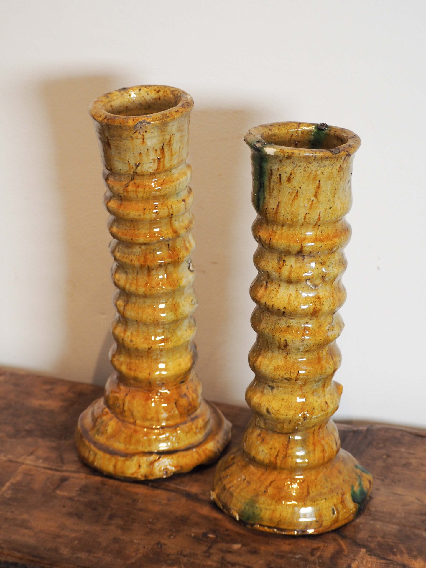 Pair of Antique Authentic Moroccan Tamegroute Yellow Tower Candle Holders