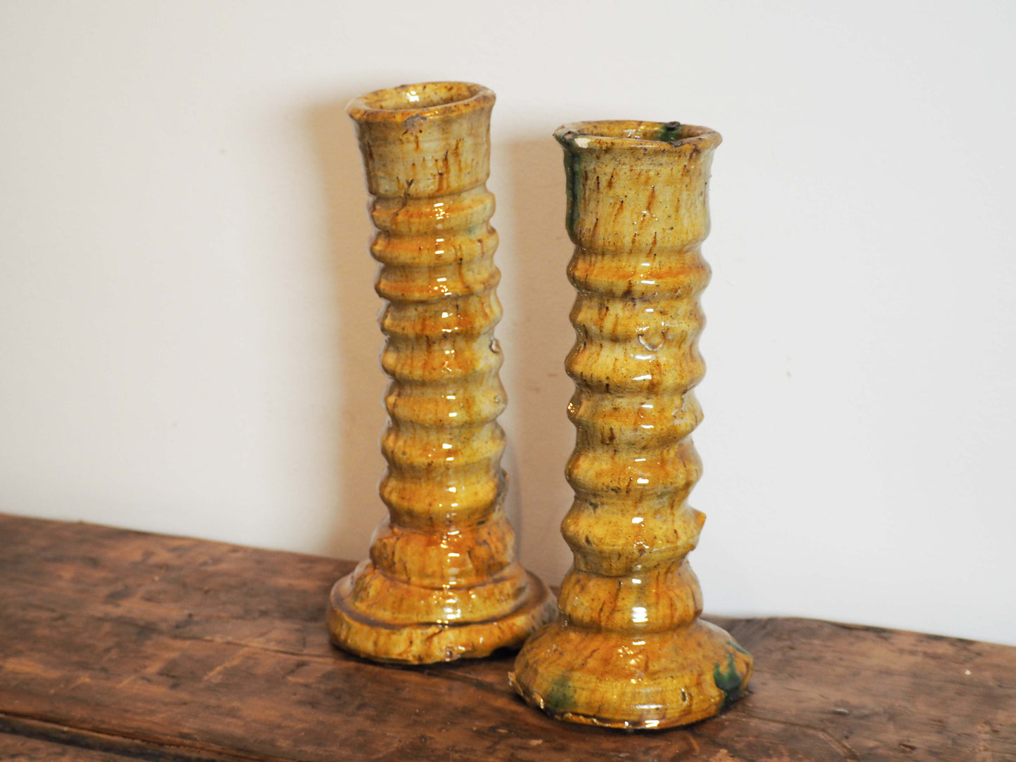 Pair of Antique Authentic Moroccan Tamegroute Yellow Tower Candle Holders