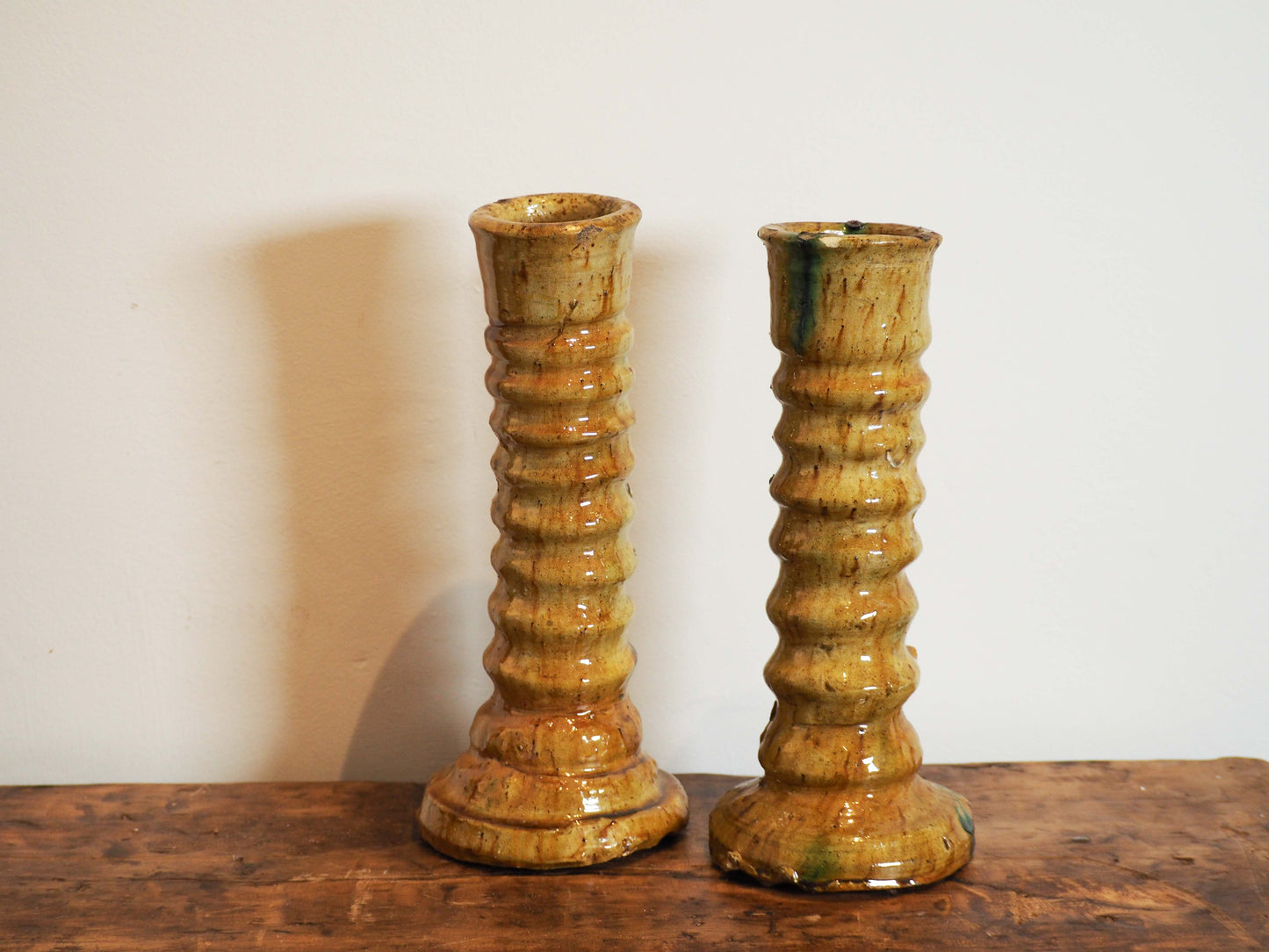 Pair of Antique Authentic Moroccan Tamegroute Yellow Tower Candle Holders