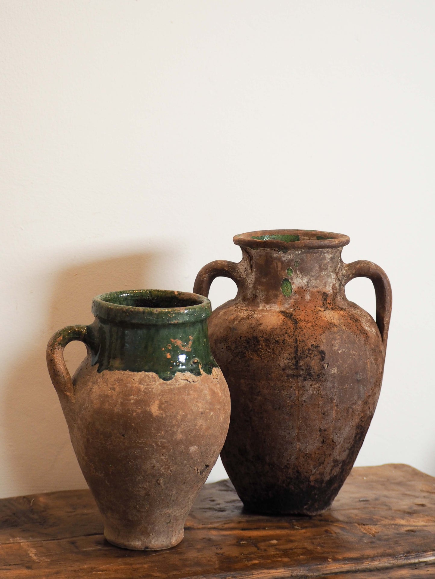 Antique Vintage Turkish Terracotta Olive Jar / Green Glazed Handle Pot