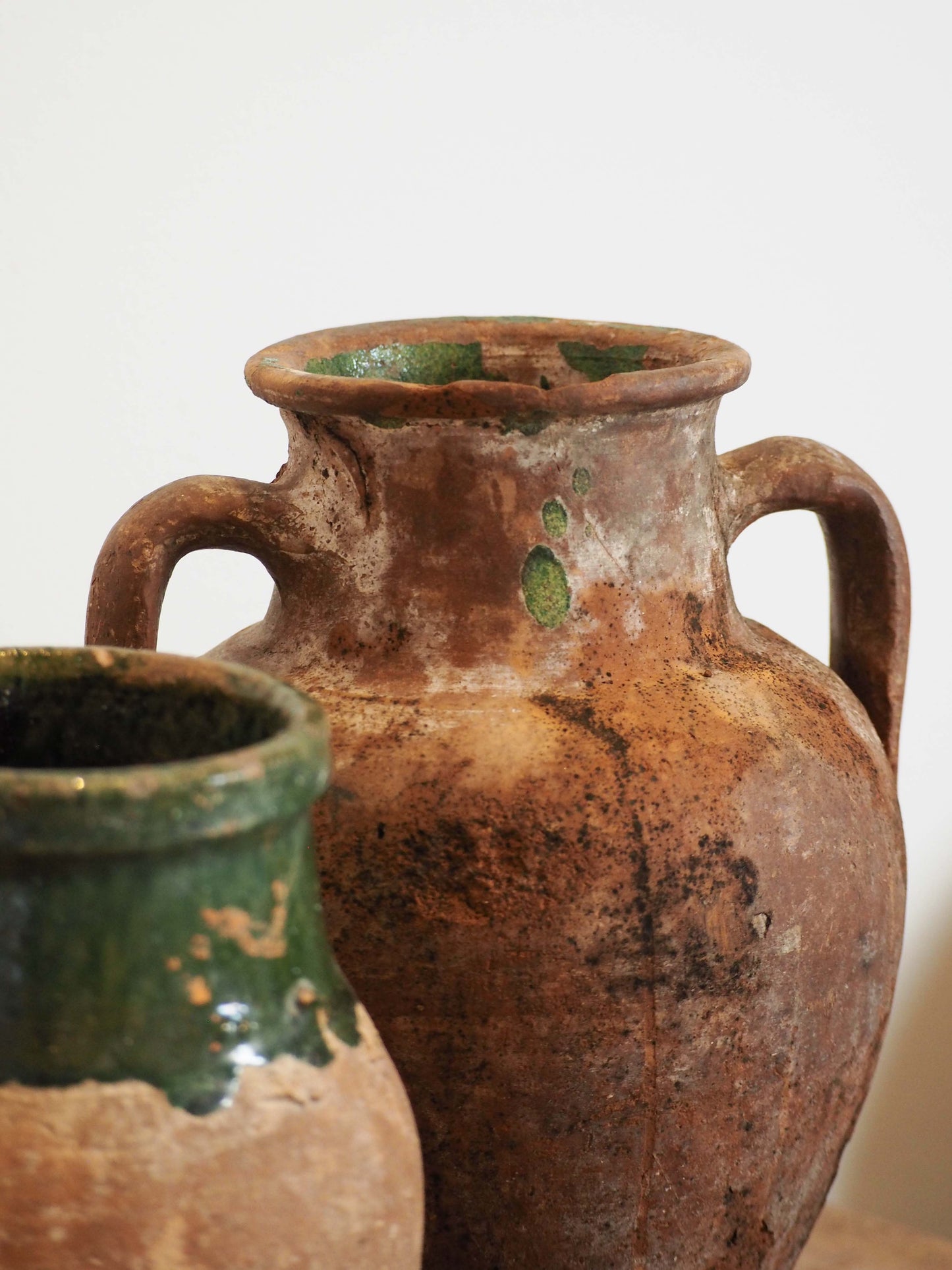 Antique Vintage Turkish Terracotta Olive Jar / Green Glazed Handle Pot