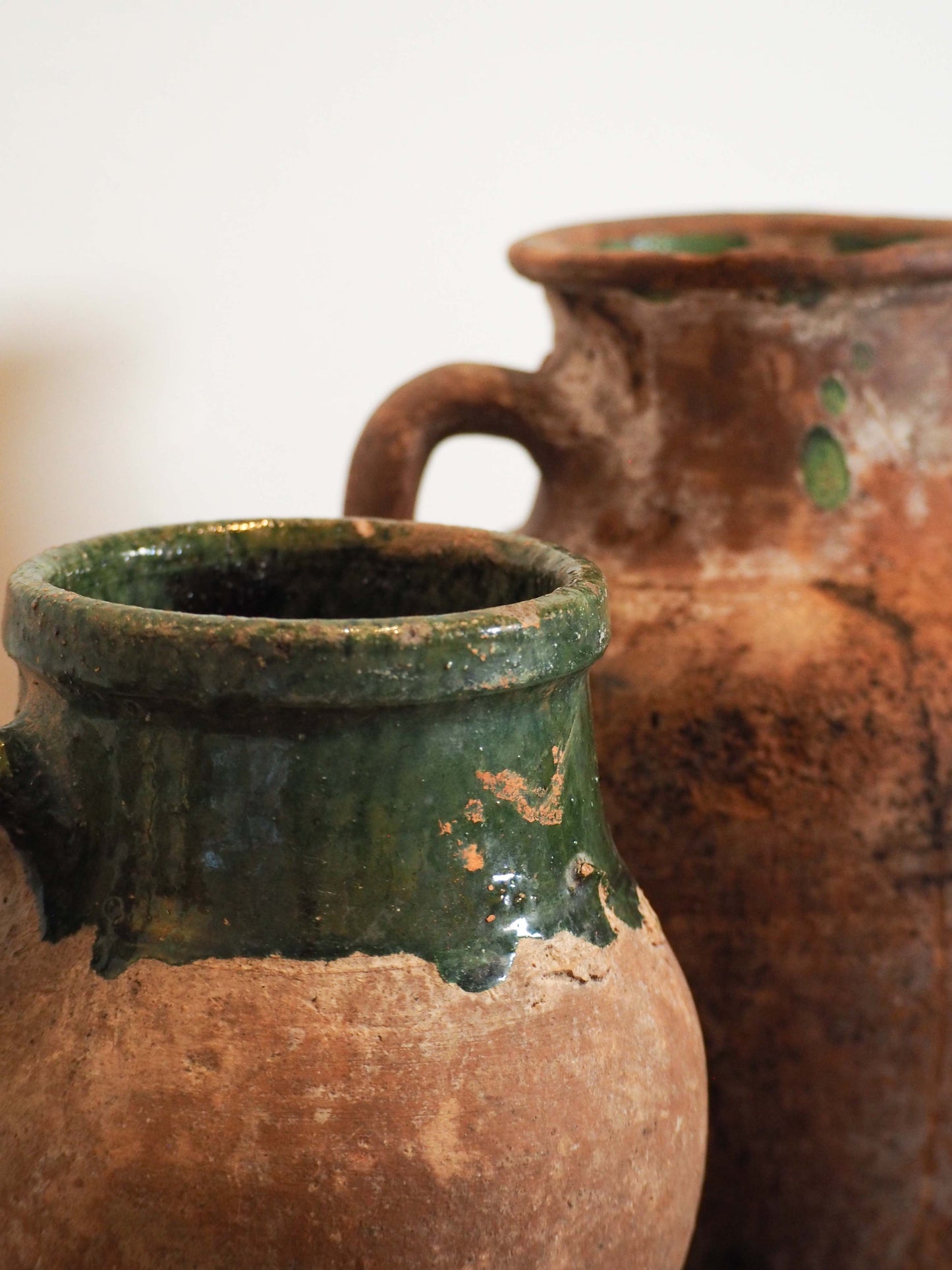 Antique Vintage Turkish Terracotta Olive Jar / Green Glazed Handle Pot