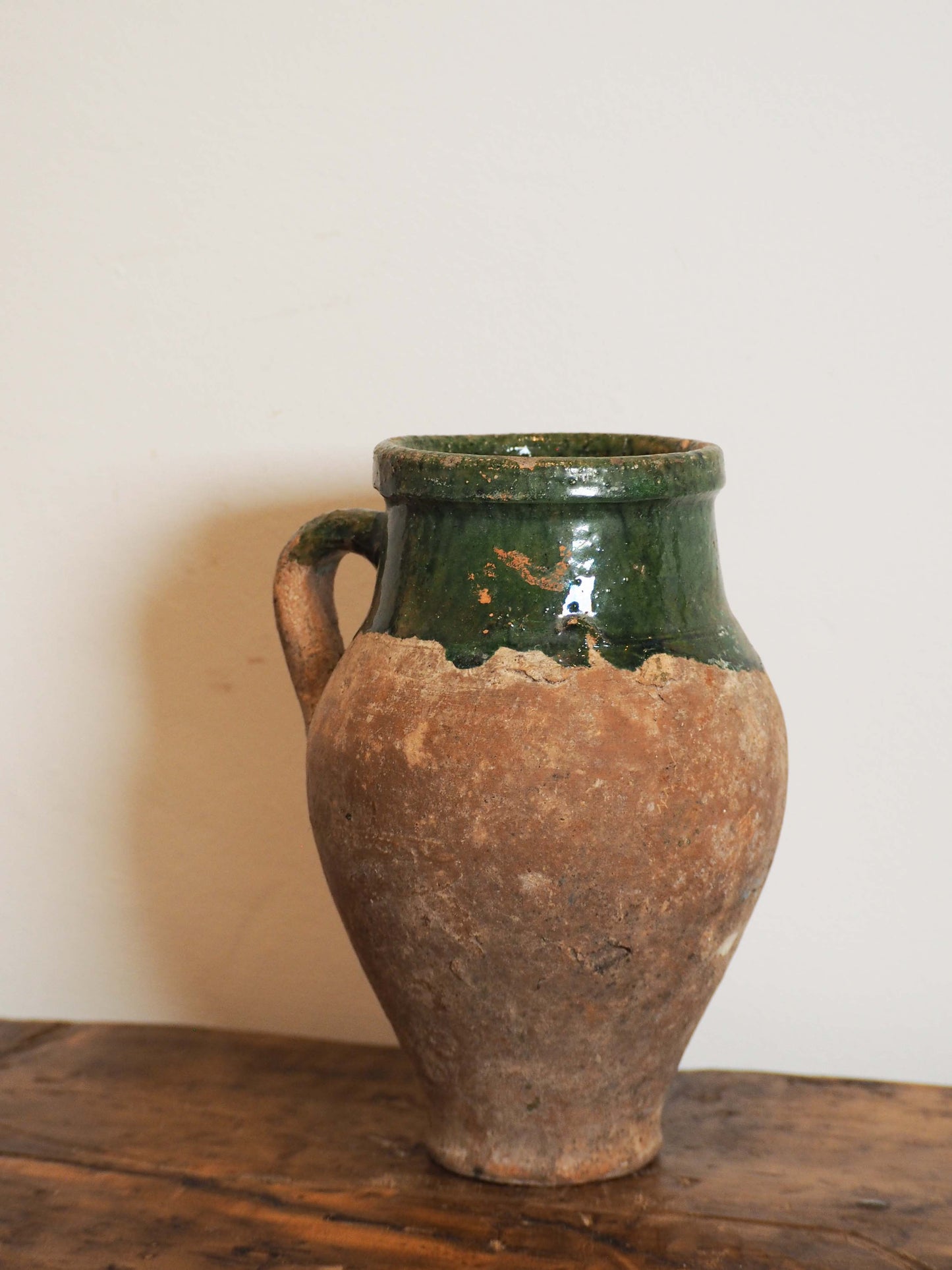 Antique Vintage Turkish Terracotta Olive Jar / Green Glazed Handle Pot