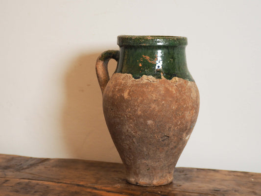 Antique Vintage Turkish Terracotta Olive Jar / Green Glazed Handle Pot