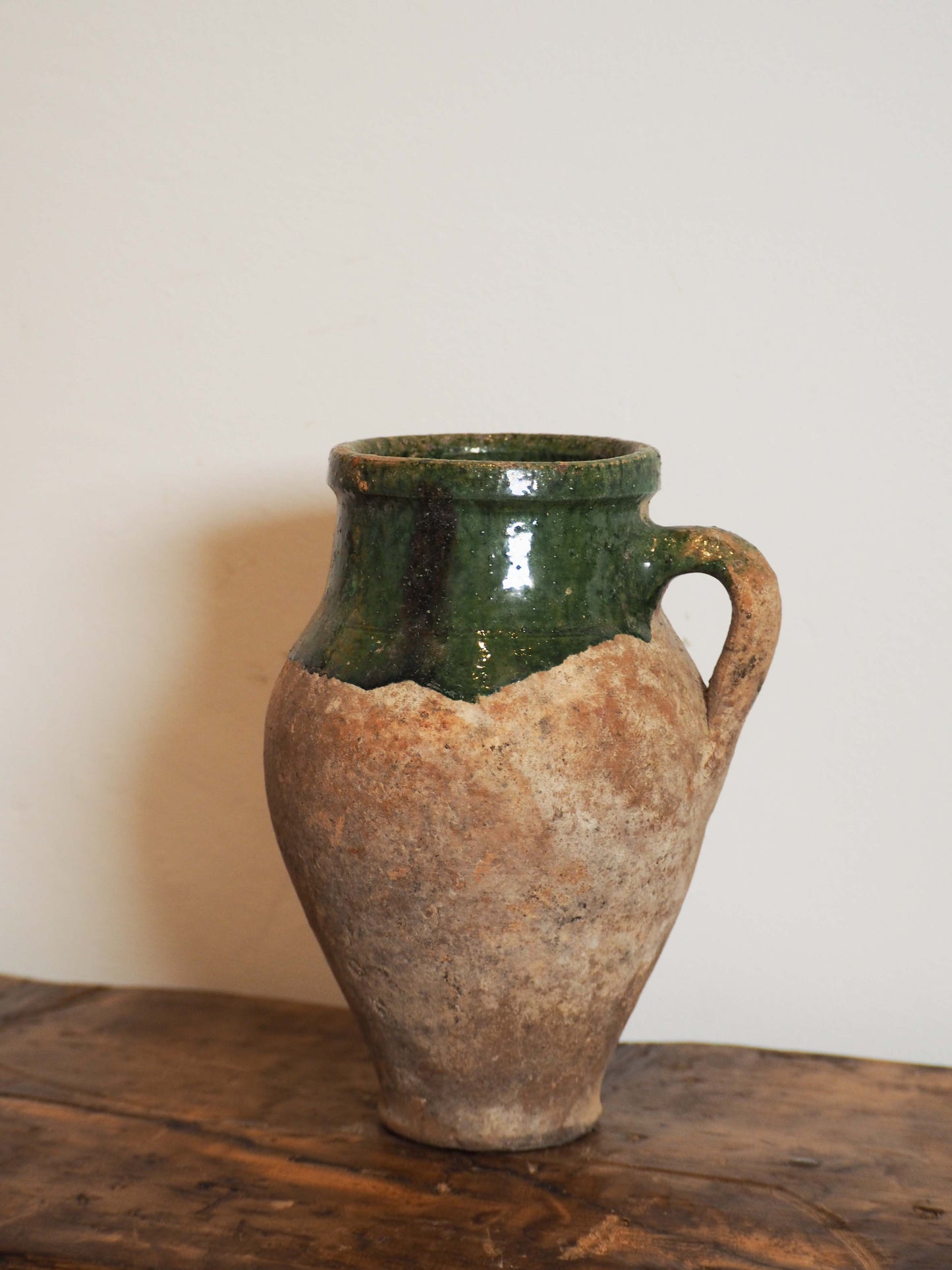 Antique Vintage Turkish Terracotta Olive Jar / Green Glazed Handle Pot