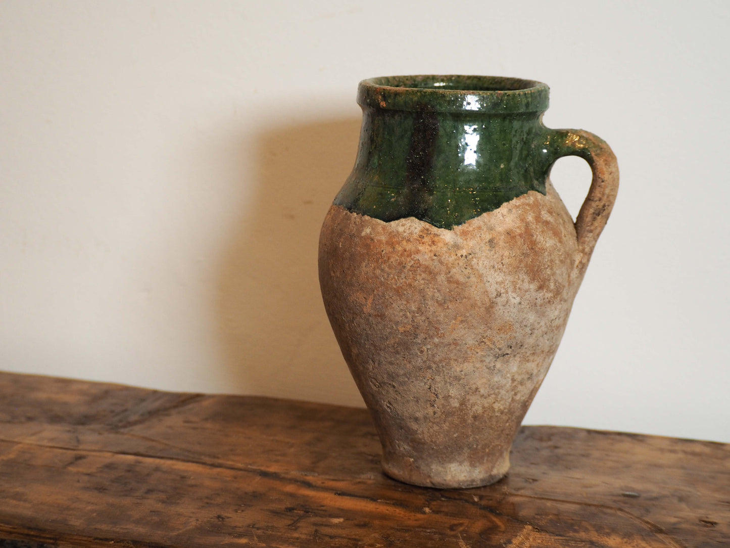 Antique Vintage Turkish Terracotta Olive Jar / Green Glazed Handle Pot