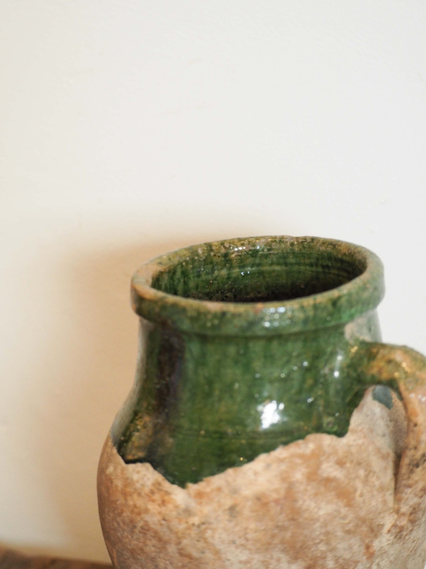 Antique Vintage Turkish Terracotta Olive Jar / Green Glazed Handle Pot