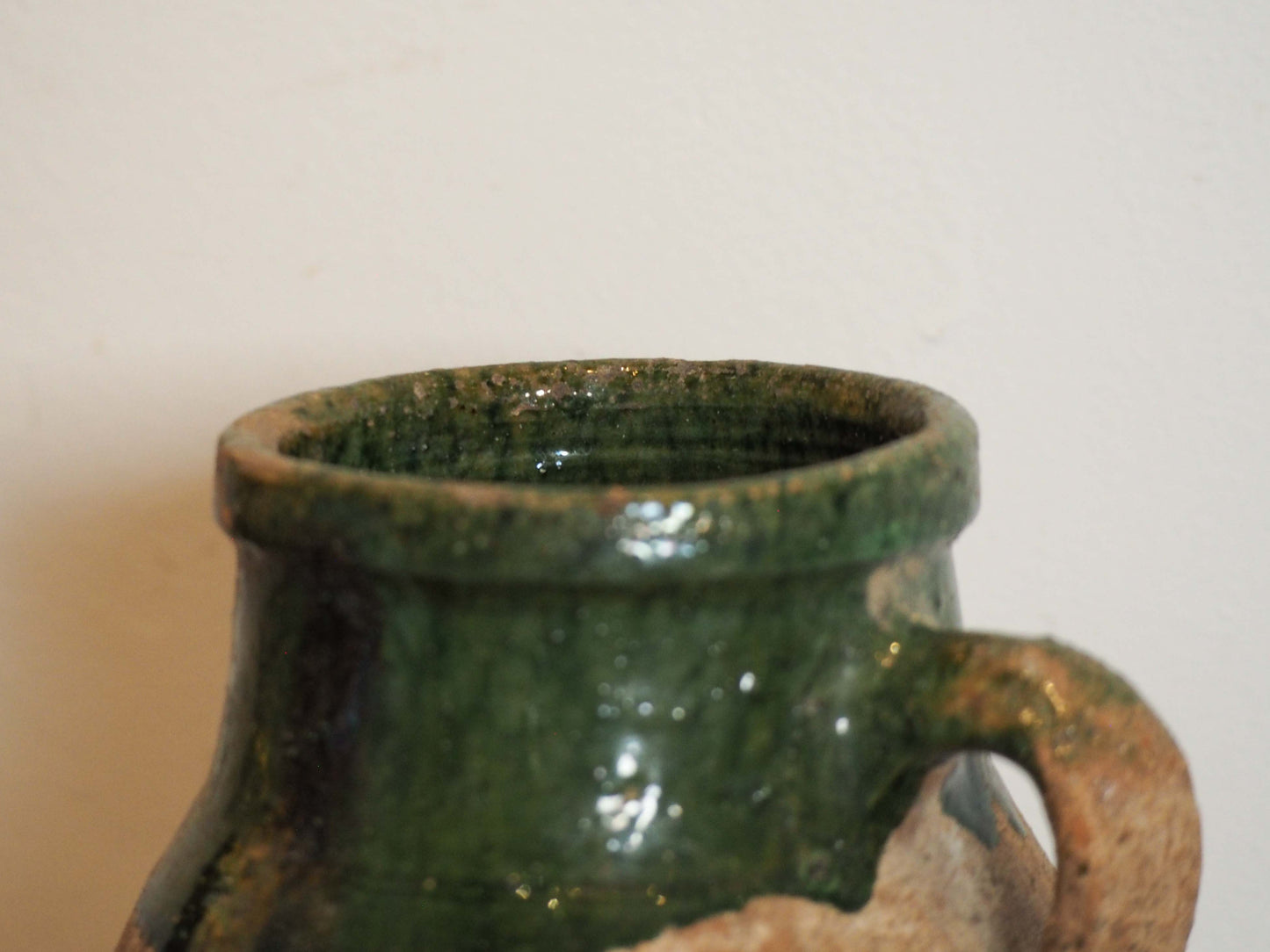 Antique Vintage Turkish Terracotta Olive Jar / Green Glazed Handle Pot