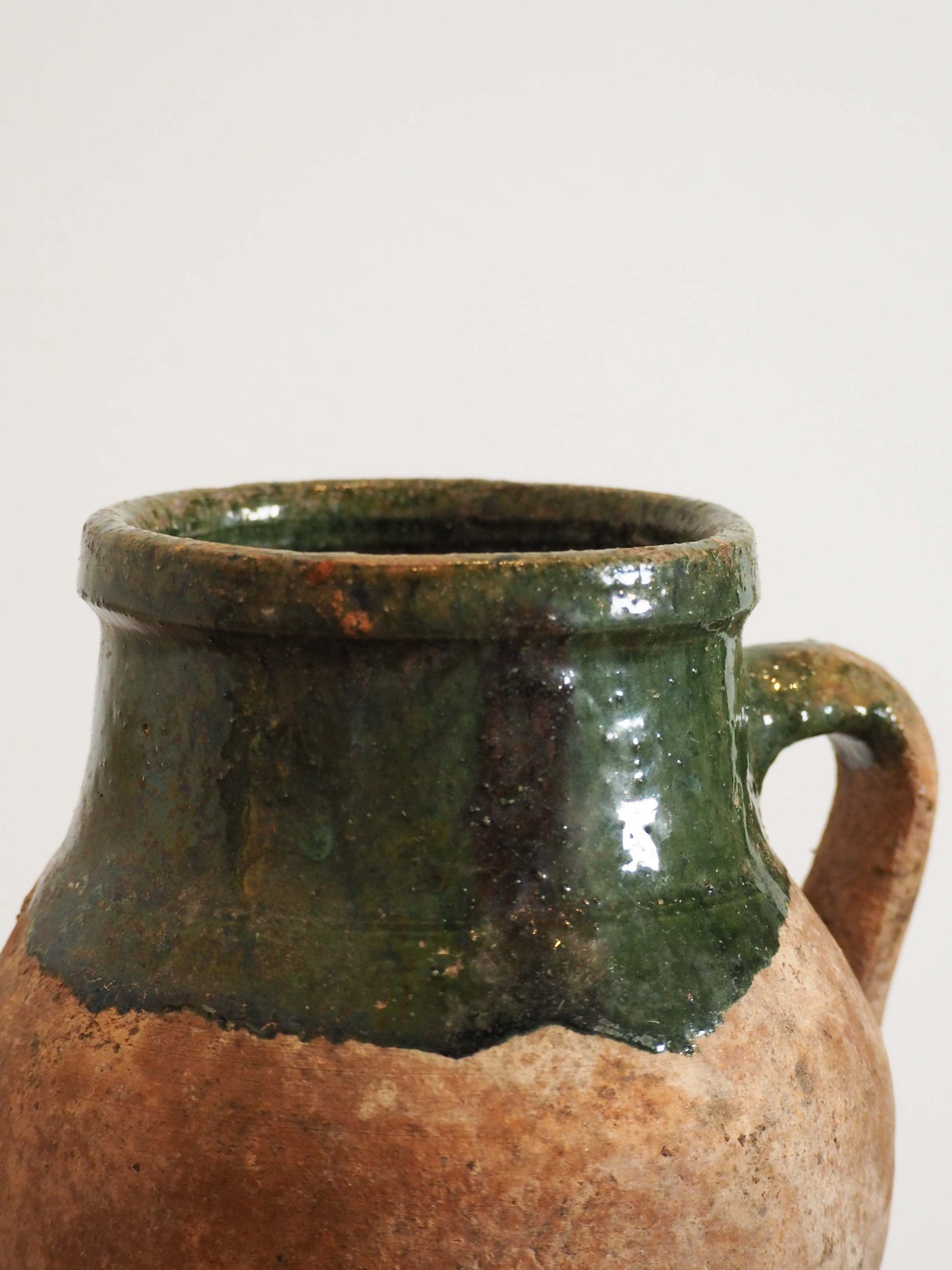 Antique Vintage Turkish Terracotta Olive Jar / Green Glazed Handle Pot