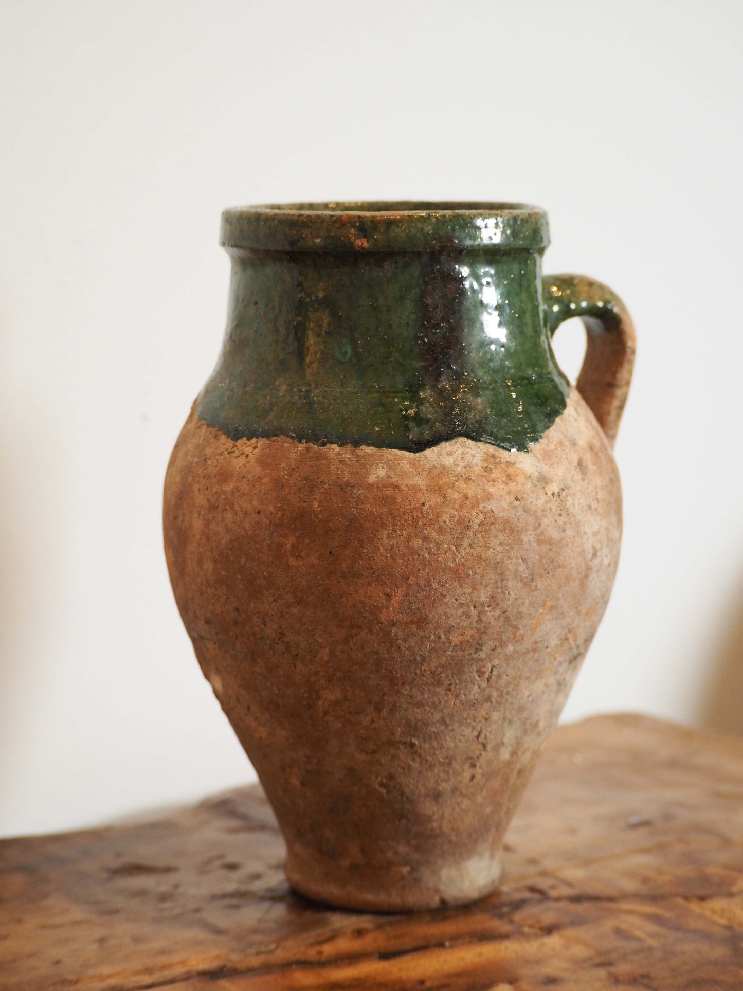Antique Vintage Turkish Terracotta Olive Jar / Green Glazed Handle Pot