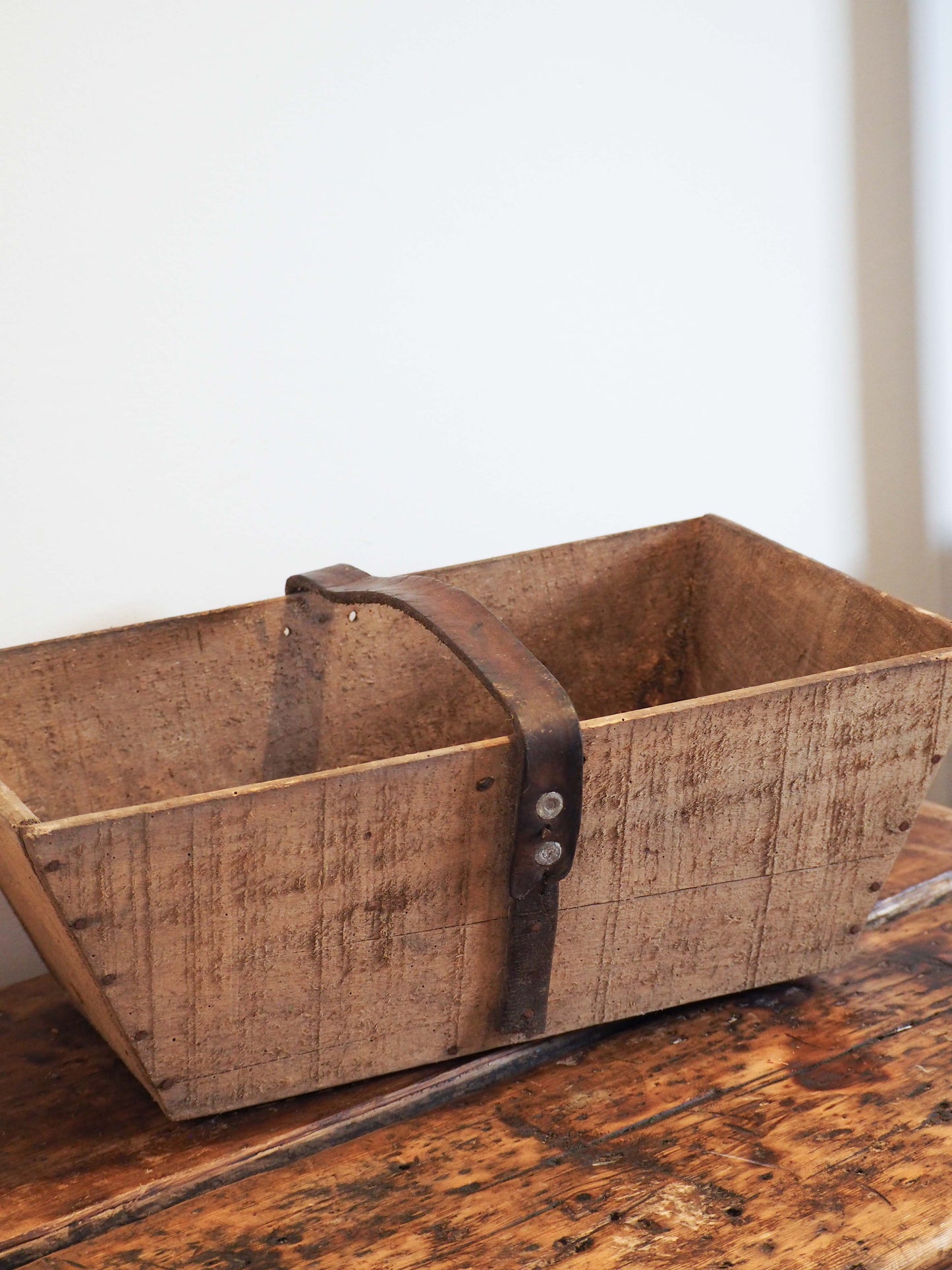 Authentic Vintage French Wooden Harvest Trug Trough with Leather Handle / Fruit, Grape Picking Box