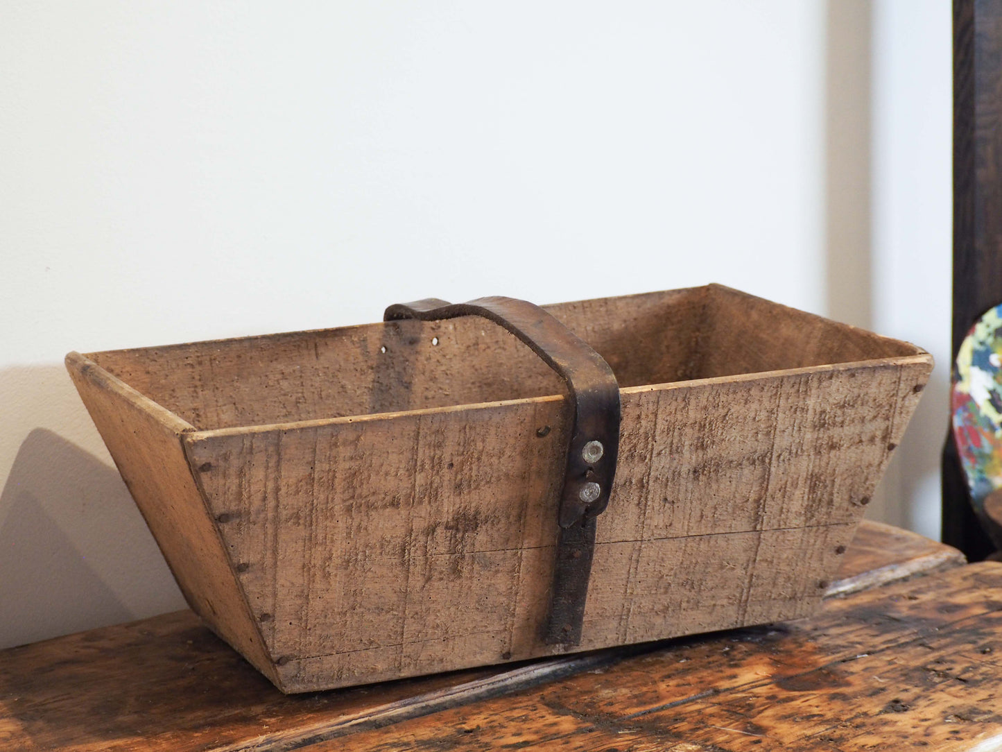 Authentic Vintage French Wooden Harvest Trug Trough with Leather Handle / Fruit, Grape Picking Box