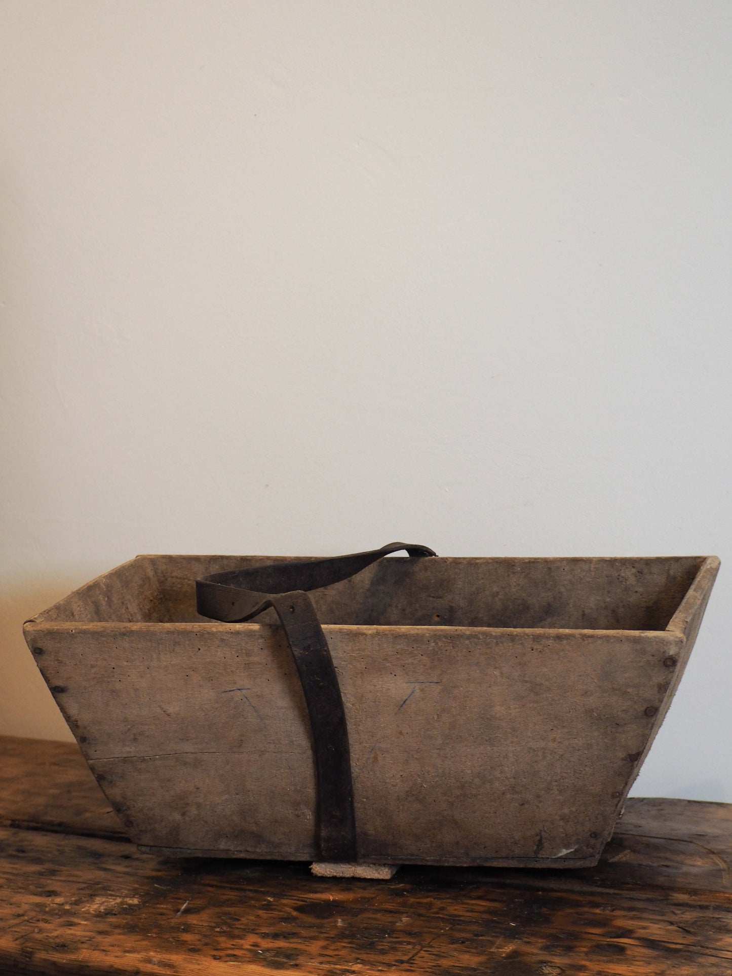 Authentic Vintage French Wooden Harvest Trug Trough with Leather Handle / Fruit, Grape Picking Box