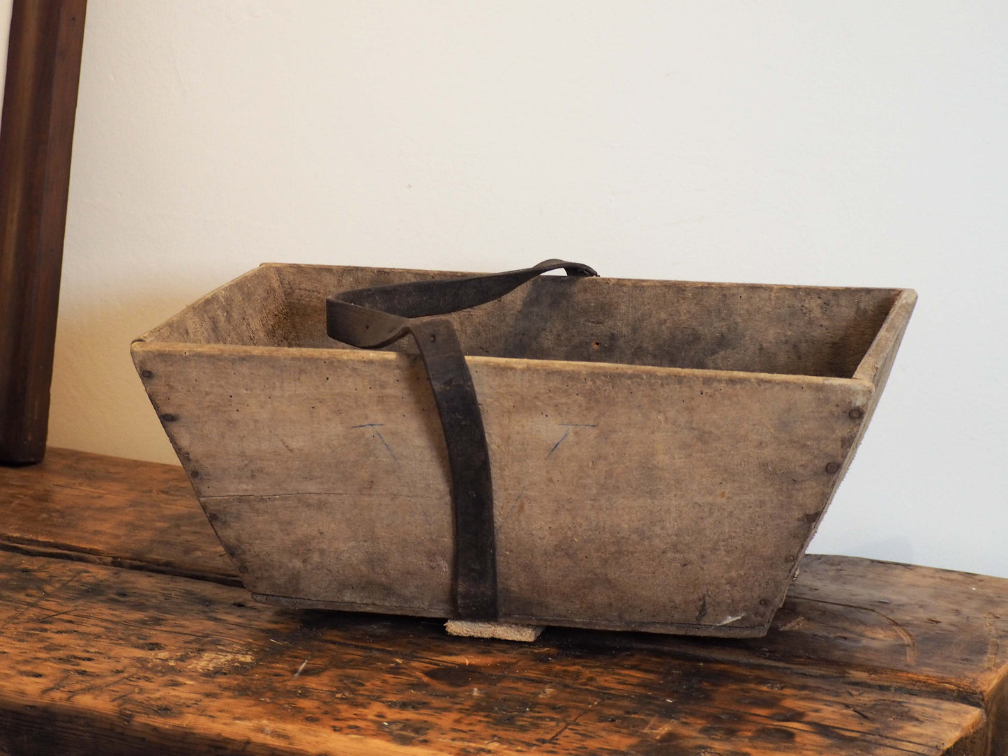 Authentic Vintage French Wooden Harvest Trug Trough with Leather Handle / Fruit, Grape Picking Box