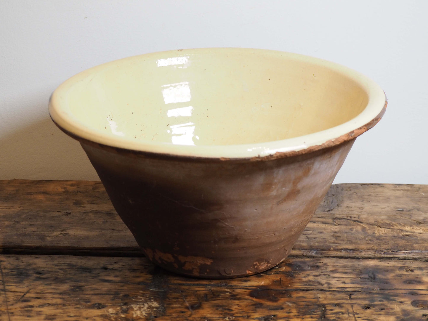 Large Vintage Antique Original Cream Glazed French Terracotta Dairy Bowl