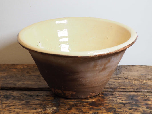Large Vintage Antique Original Cream Glazed French Terracotta Dairy Bowl