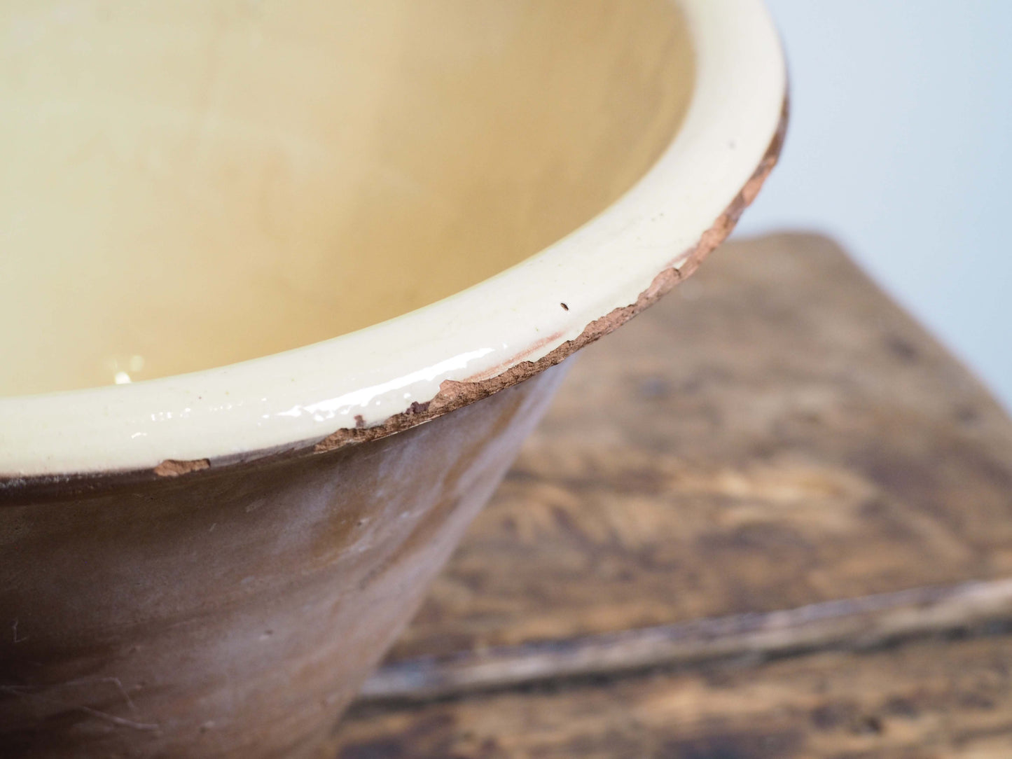 Large Vintage Antique Original Cream Glazed French Terracotta Dairy Bowl