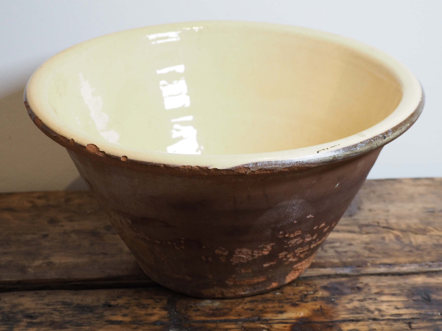 Large Vintage Antique Original Cream Glazed French Terracotta Dairy Bowl