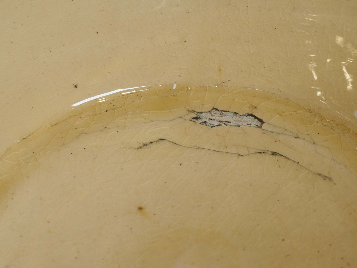 Large Vintage Antique Original Cream Glazed French Terracotta Dairy Bowl