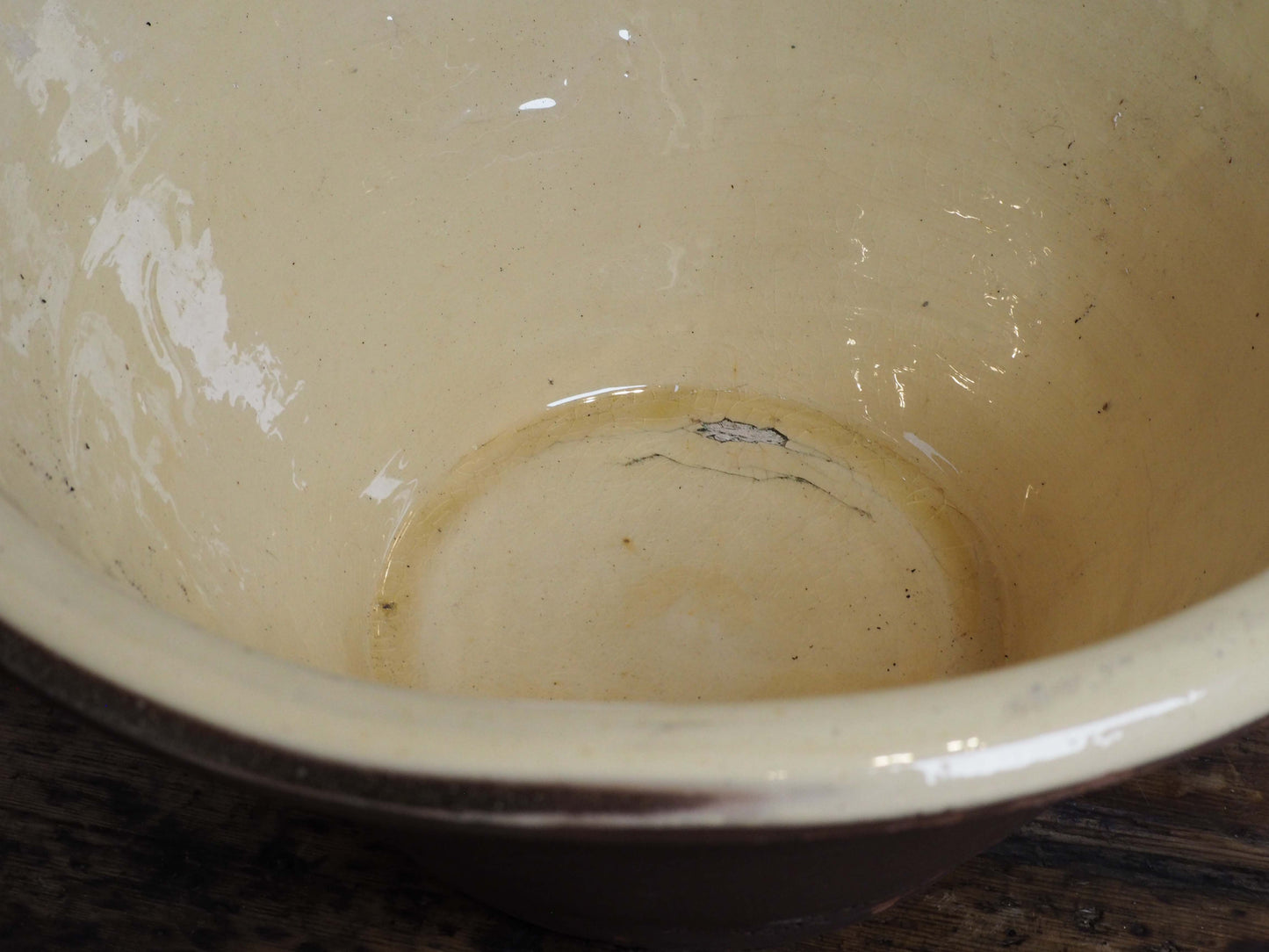Large Vintage Antique Original Cream Glazed French Terracotta Dairy Bowl