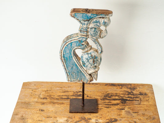 Antique Vintage Hand-Carved Wooden Painted Sculpture Candle Holder on Metal Stand / Decorative Art