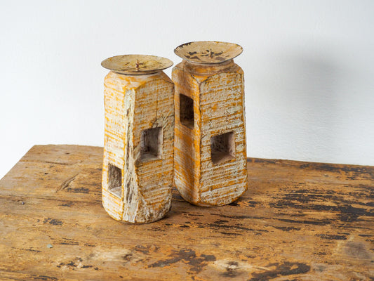 Vintage Antique Indian Wooden Painted Candle Holders / Decorative Gift