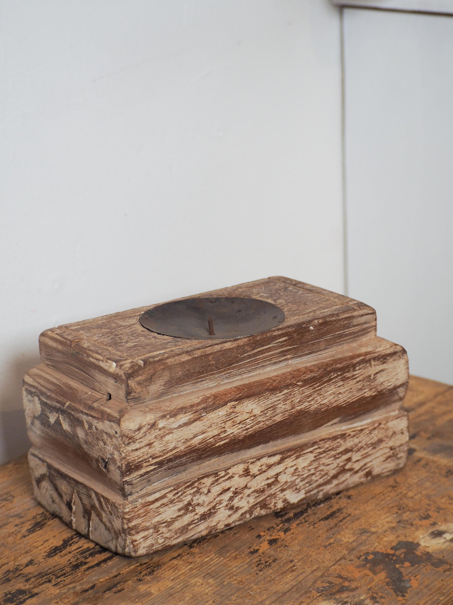 Vintage Antique Chunky Wooden Candle Holder / Indian Candle Block