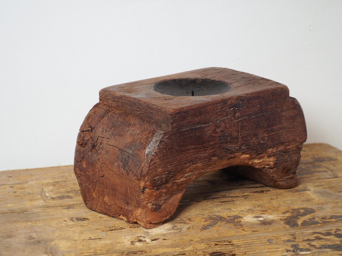 Vintage Antique Chunky Wooden Candle Holder / Indian Candle Block
