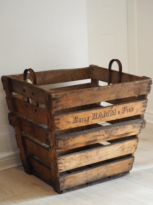 Antique Vintage Rustic French Wooden Apple Orchard Crate with Original Family Name / Large Log Basket