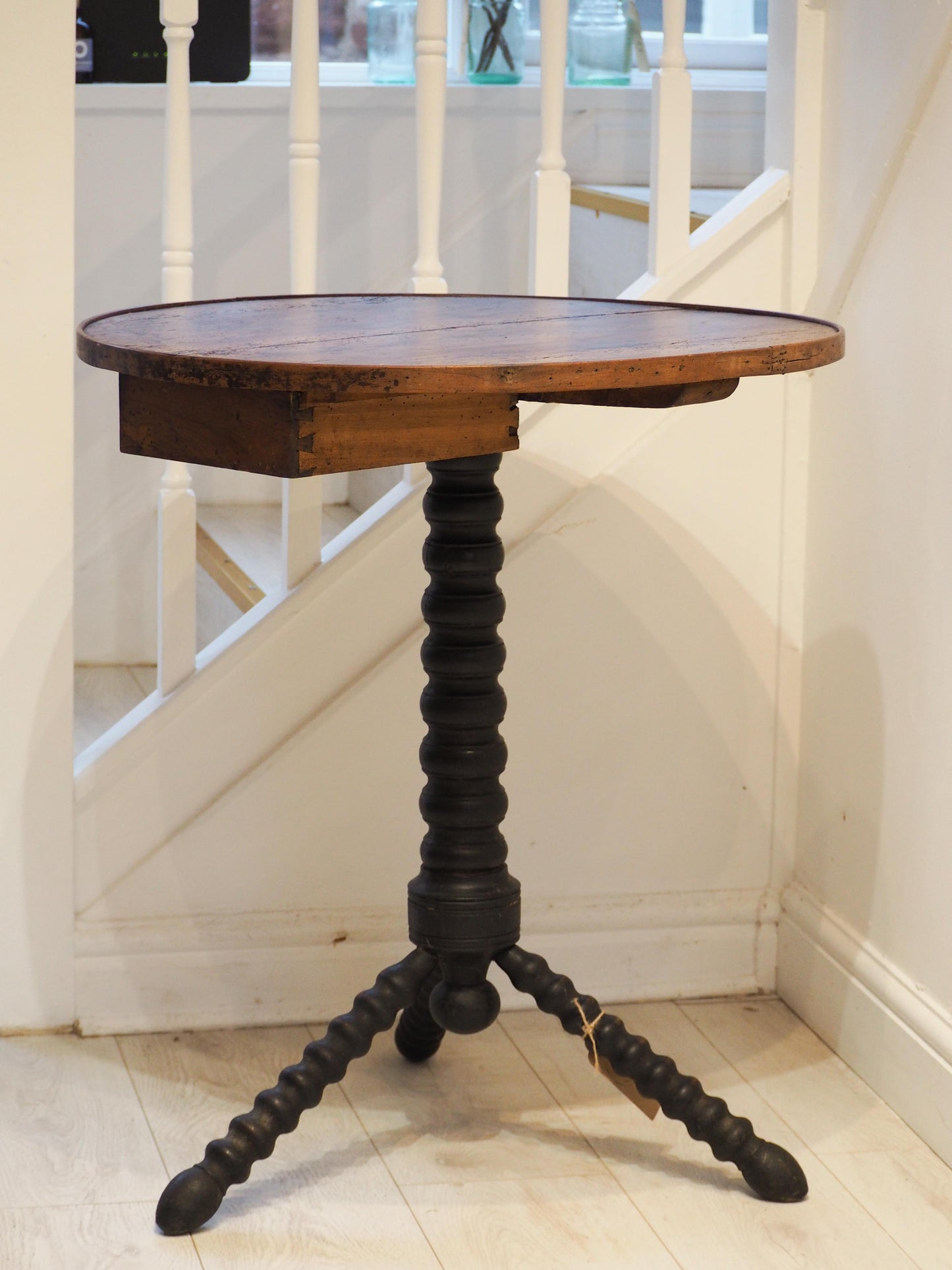 Vintage Antique Victorian Round Wooden Bobbin Table with Single Drawer & Ebonised Base / Furniture