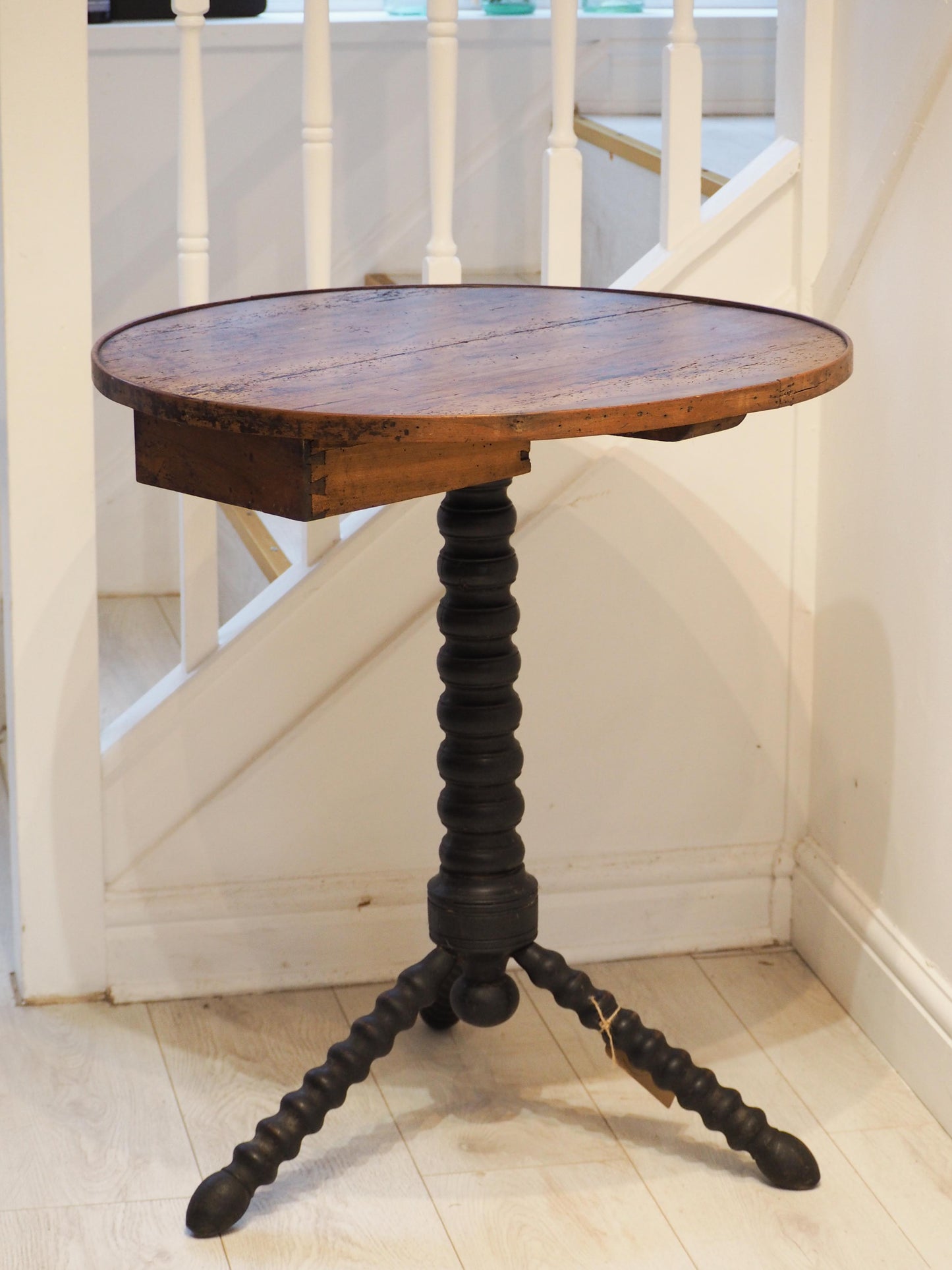 Vintage Antique Victorian Round Wooden Bobbin Table with Single Drawer & Ebonised Base / Furniture