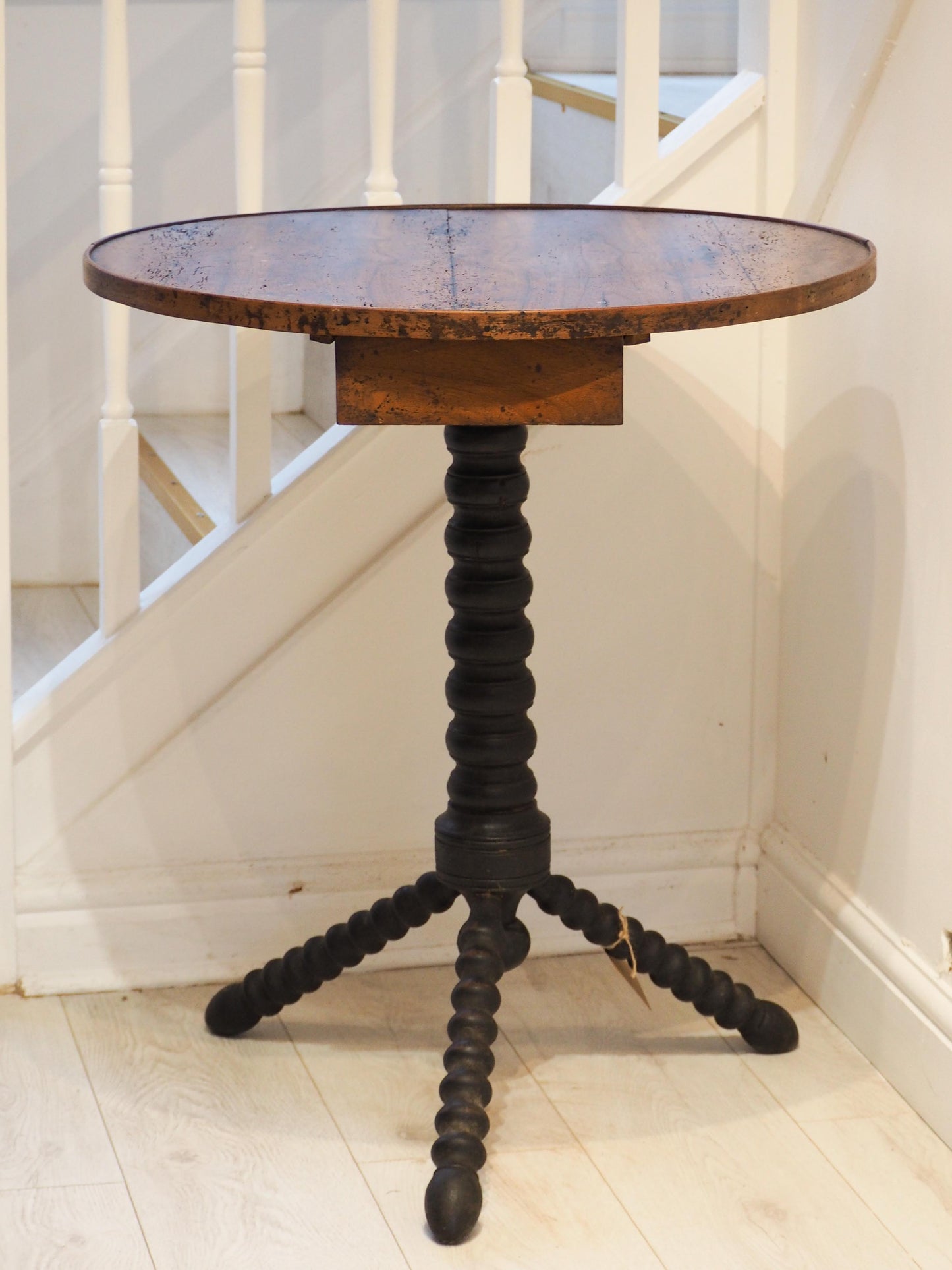 Vintage Antique Victorian Round Wooden Bobbin Table with Single Drawer & Ebonised Base / Furniture
