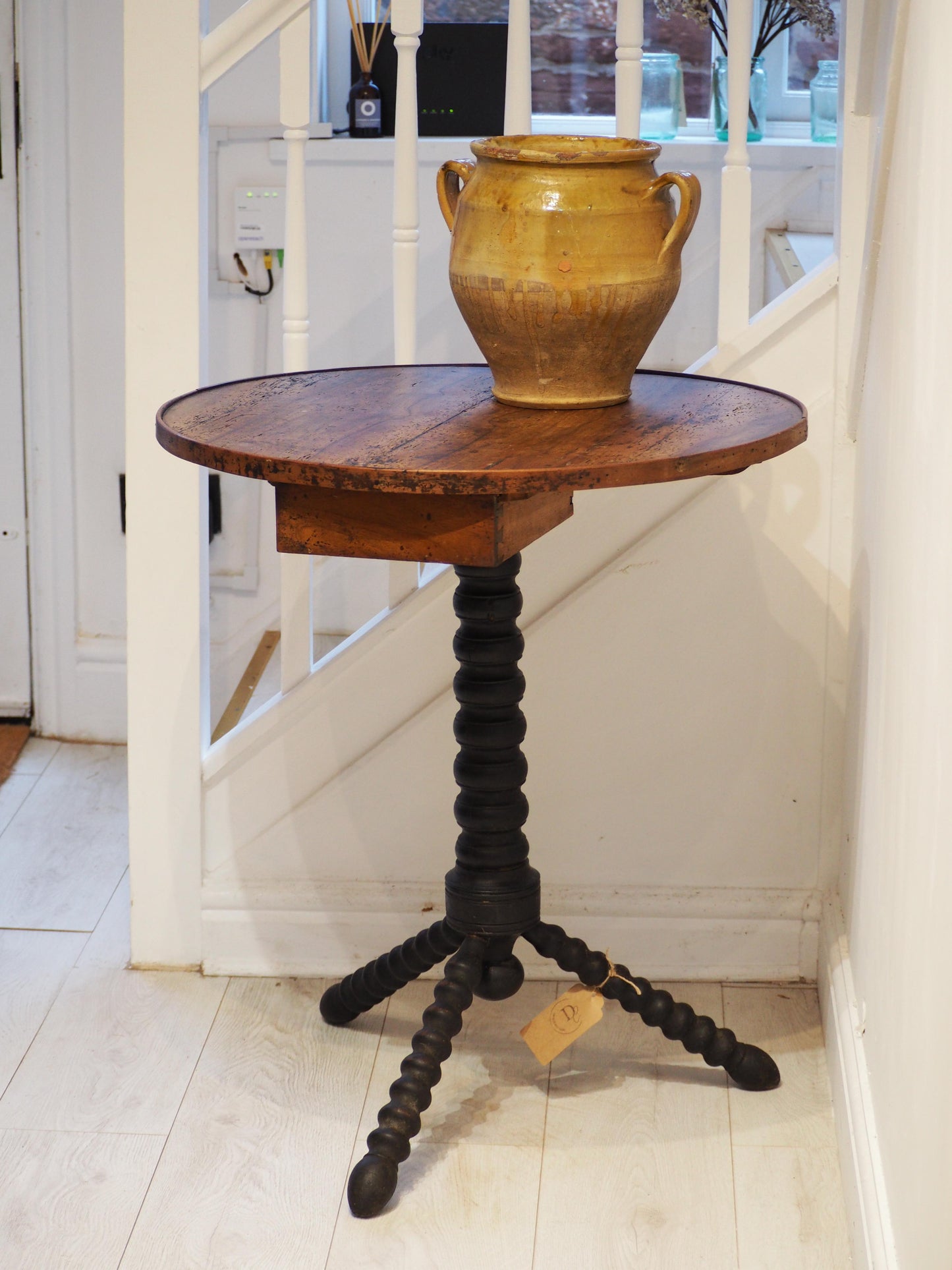 Vintage Antique Victorian Round Wooden Bobbin Table with Single Drawer & Ebonised Base / Furniture