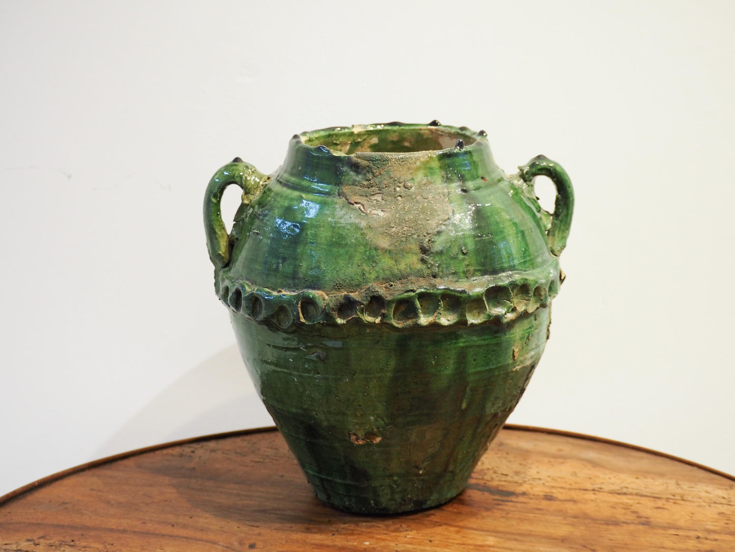 Antique Vintage Moroccan Vibrant Green Terracotta Olive Jar / Green Glazed Confit Pot