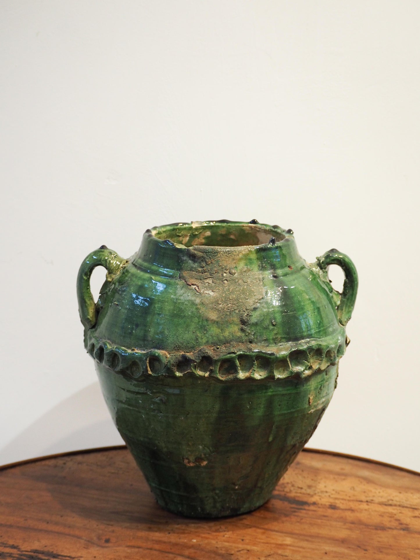 Antique Vintage Moroccan Vibrant Green Terracotta Olive Jar / Green Glazed Confit Pot
