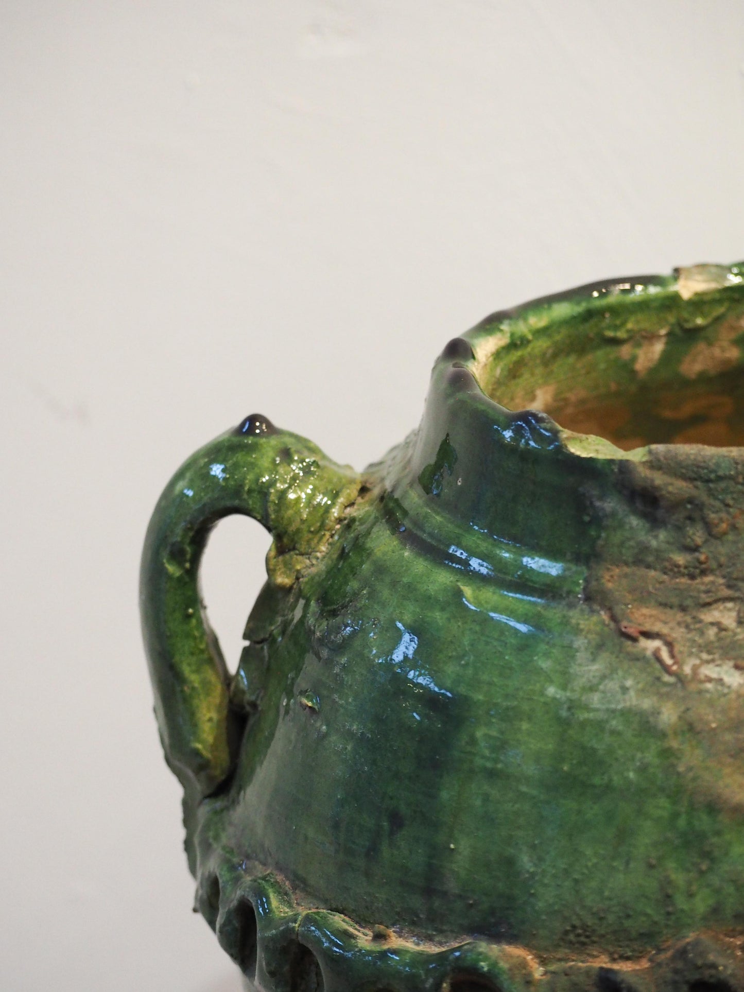 Antique Vintage Moroccan Vibrant Green Terracotta Olive Jar / Green Glazed Confit Pot