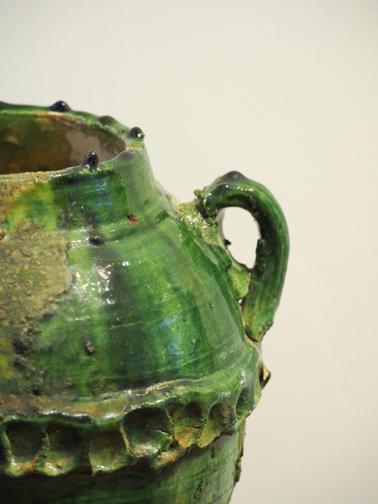 Antique Vintage Moroccan Vibrant Green Terracotta Olive Jar / Green Glazed Confit Pot