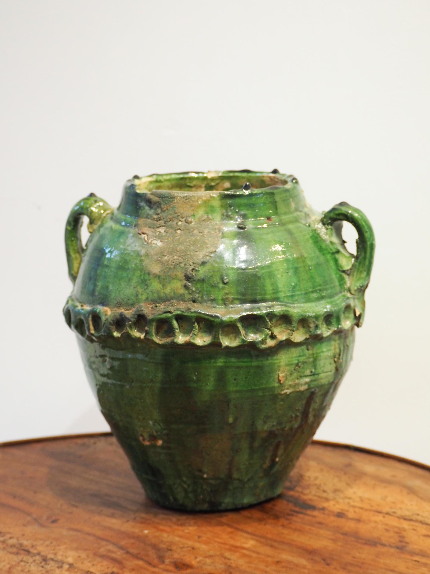 Antique Vintage Moroccan Vibrant Green Terracotta Olive Jar / Green Glazed Confit Pot