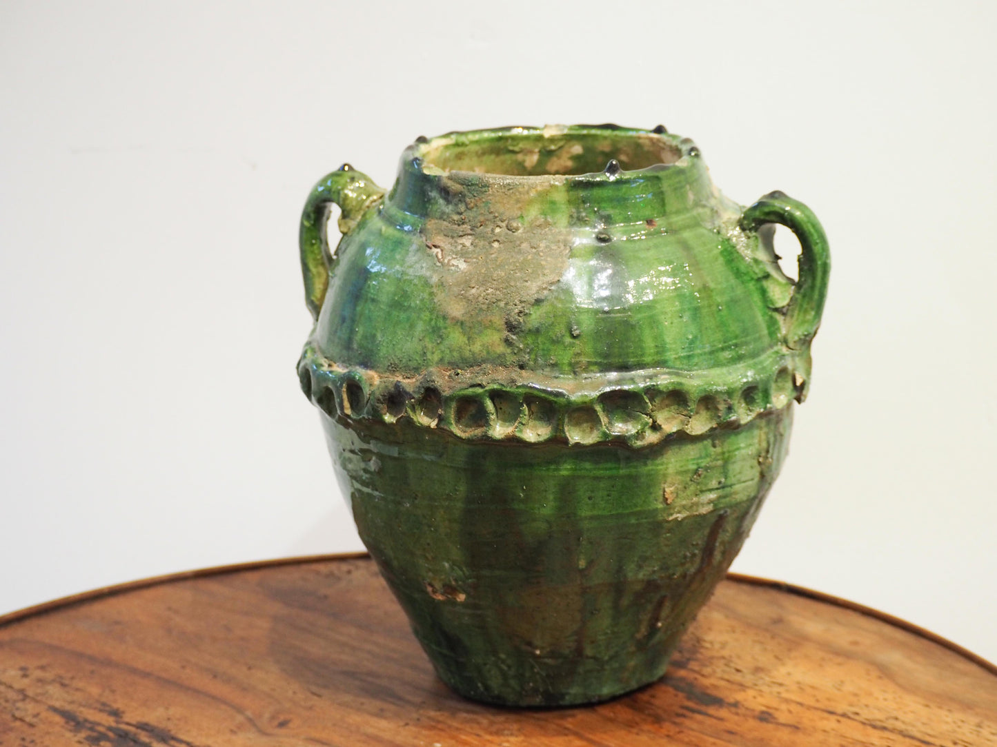 Antique Vintage Moroccan Vibrant Green Terracotta Olive Jar / Green Glazed Confit Pot