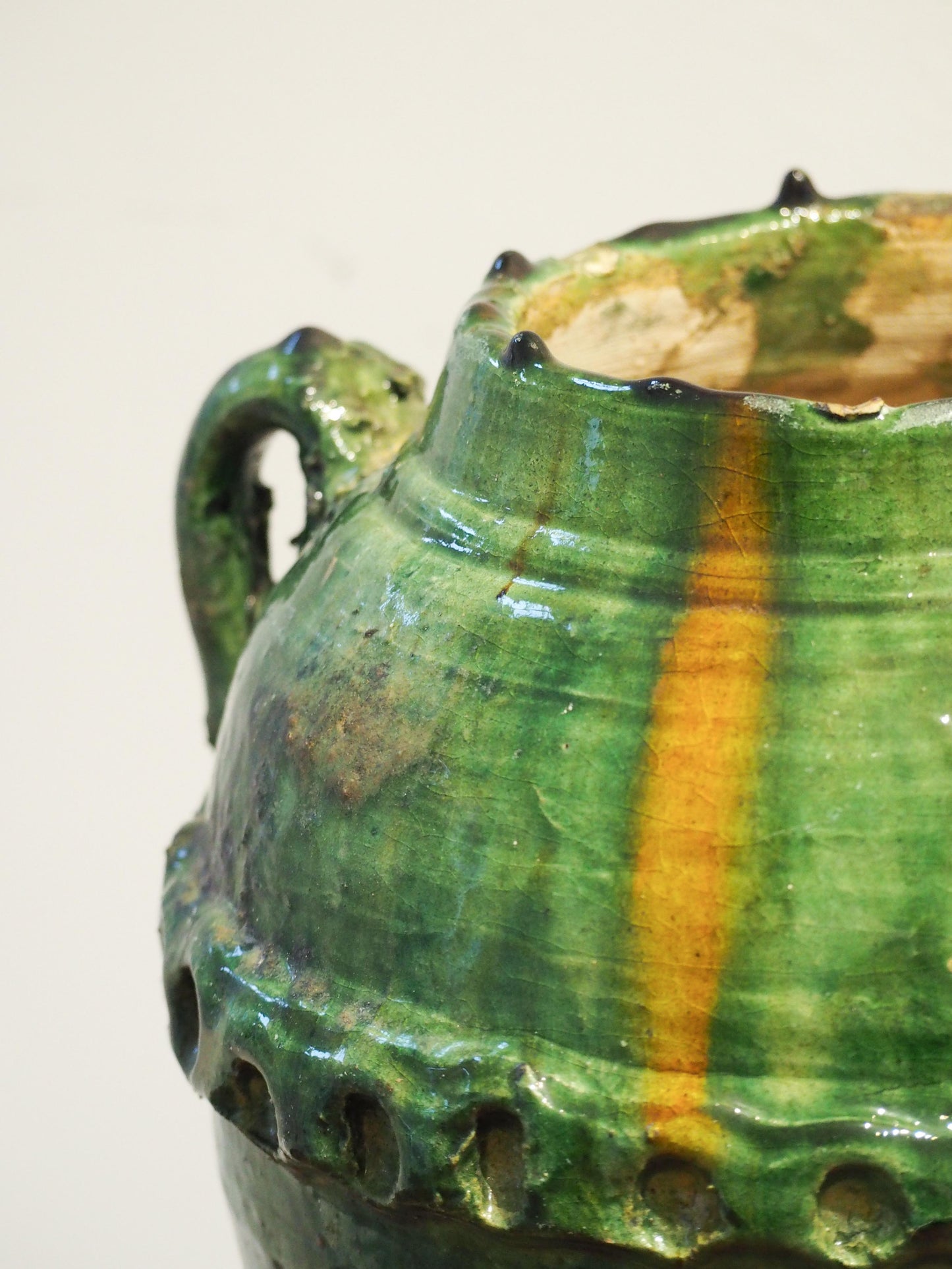 Antique Vintage Moroccan Vibrant Green Terracotta Olive Jar / Green Glazed Confit Pot