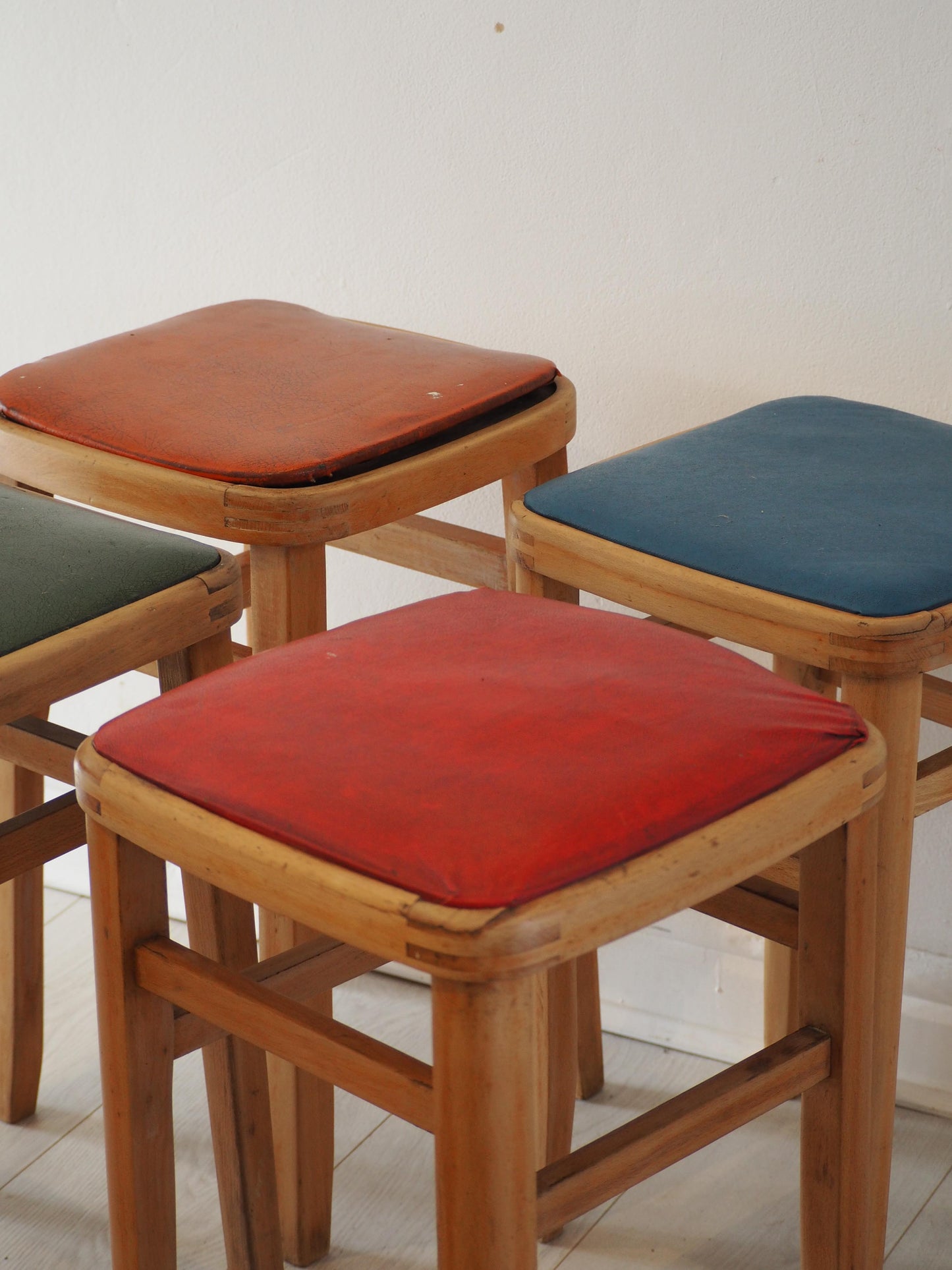Vintage Mid-Century English Beech Wooden Stools with Colourful Seat Pads / Bar Stools / Seating (Sold Individually)
