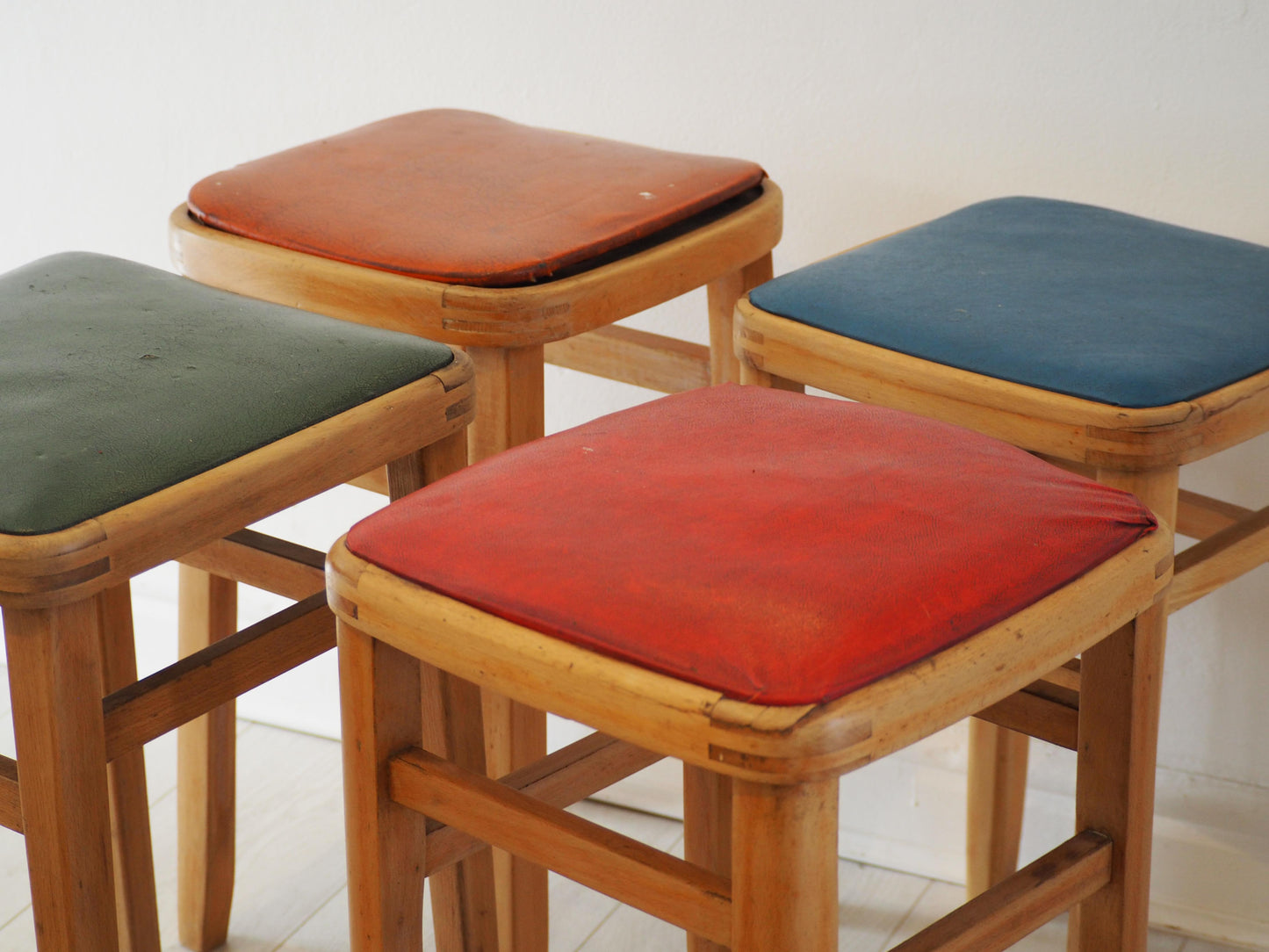 Vintage Mid-Century English Beech Wooden Stools with Colourful Seat Pads / Bar Stools / Seating (Sold Individually)