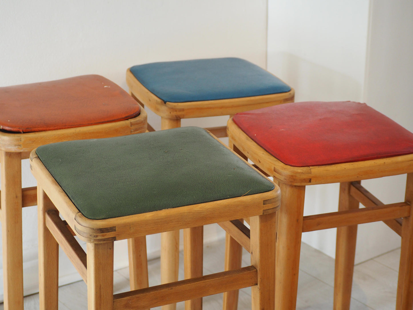 Vintage Mid-Century English Beech Wooden Stools with Colourful Seat Pads / Bar Stools / Seating (Sold Individually)