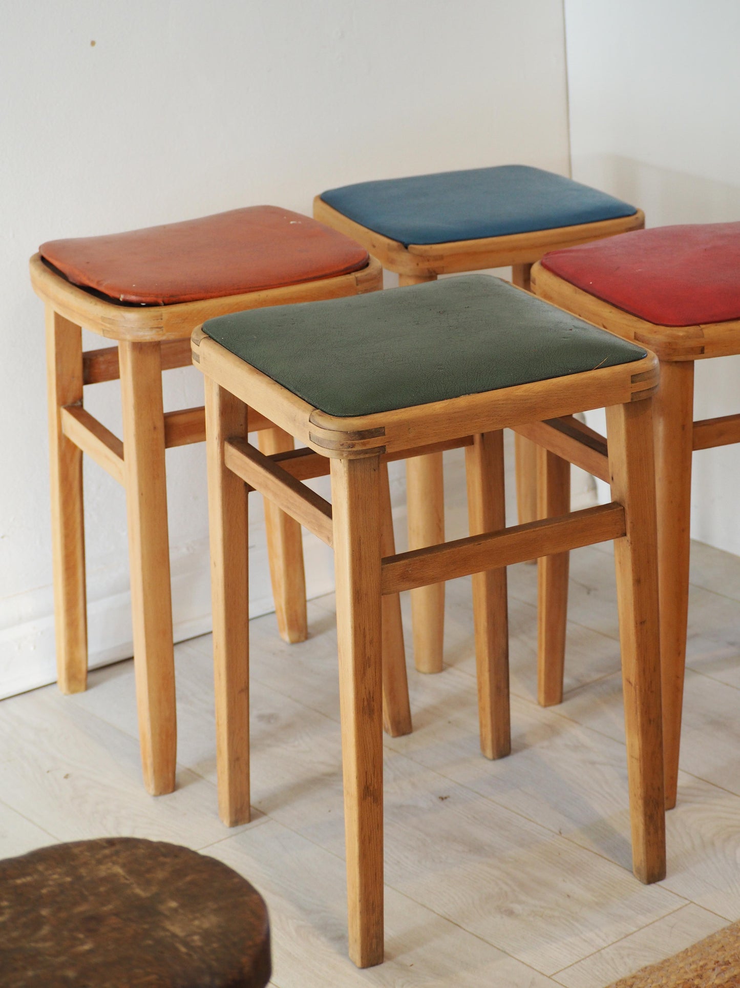 Vintage Mid-Century English Beech Wooden Stools with Colourful Seat Pads / Bar Stools / Seating (Sold Individually)