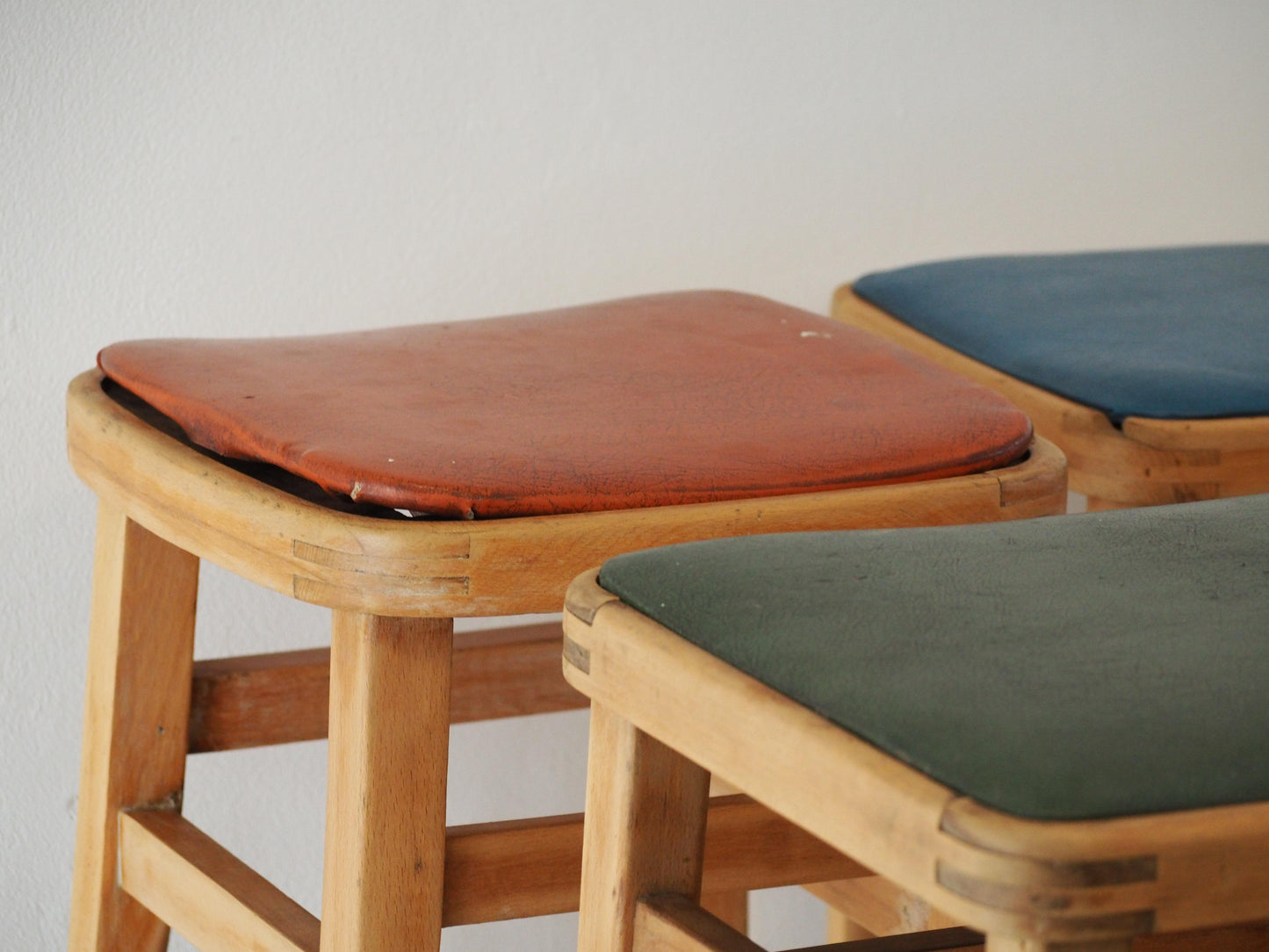 Vintage Mid-Century English Beech Wooden Stools with Colourful Seat Pads / Bar Stools / Seating (Sold Individually)