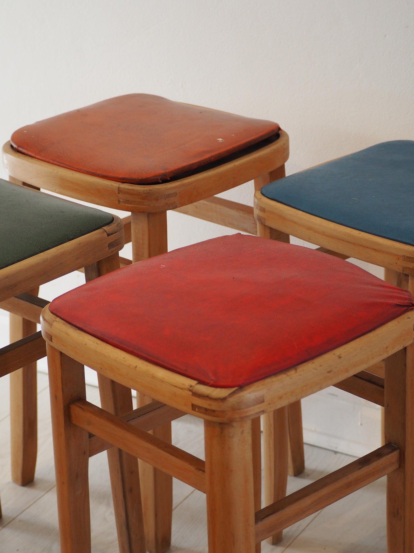 Vintage Mid-Century English Beech Wooden Stools with Colourful Seat Pads / Bar Stools / Seating (Sold Individually)