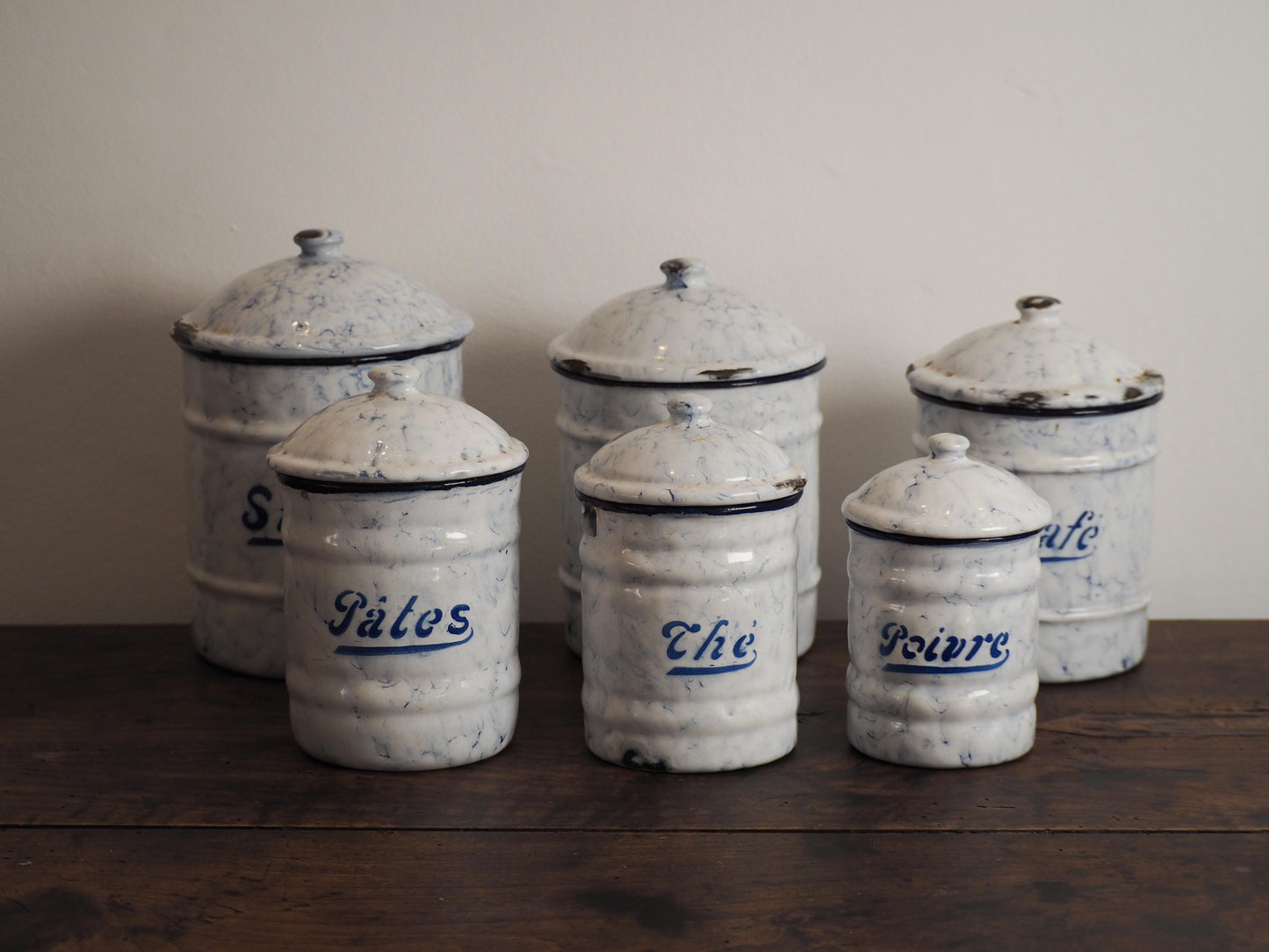 Enamel French Vintage Kitchen Canister Set / Storage Jars / French Cafe Sucre Farine Containers (Set of 6)